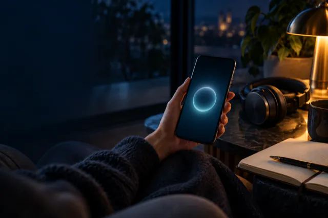A person choosing a guided moment on their phone, beside headphones and an open notebook.