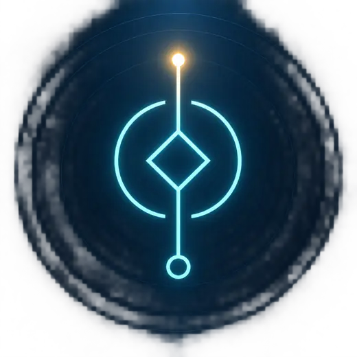 The LumaClave symbol drawn in luminous cyan line, a point of light above an open ring, a diamond at its centre and a small circle below.