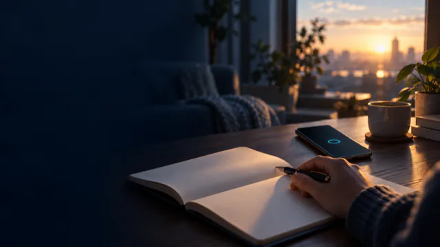 A blank notebook and a phone on a desk at first light, before anything has been written.