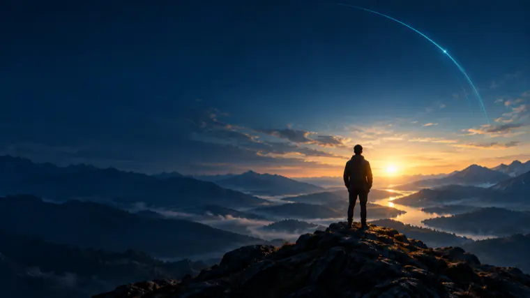 A person standing on a summit at sunrise, looking out over a valley, with a single thin arc of light tracing the sky.