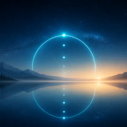 A luminous cyan ring standing on a still lake at dusk, its reflection completing the circle.