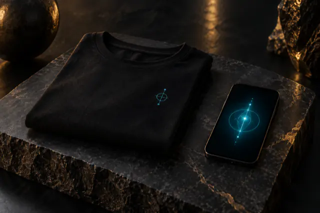 A folded black garment with a small luminous symbol at the chest, on a dark stone slab, beside a phone showing the same symbol in cyan light.