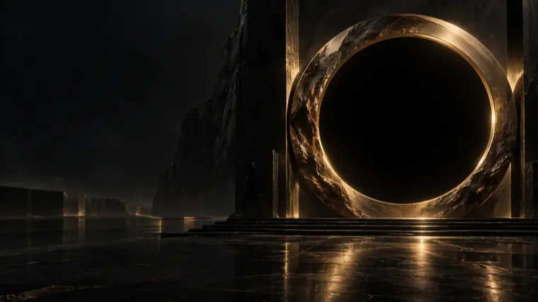 A tall circular gateway of dark stone edged in gold, standing on a wet stone floor.