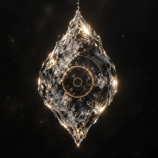 An original sculptural form in clear faceted glass, lit from within, with fine gold rings turning at its centre.