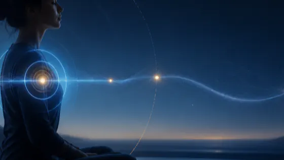 A person sitting cross-legged in the dark, ringed by concentric circles of blue light, with a slow wave passing through.