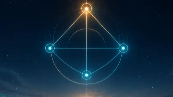 A geometric symbol of cyan and gold points joined by fine lines, glowing against a night sky.