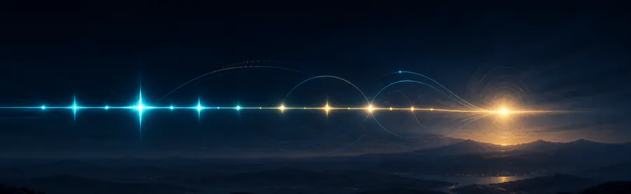 A long line of light crossing a dark horizon, pulsing from tight cyan flashes into wide gold rings.