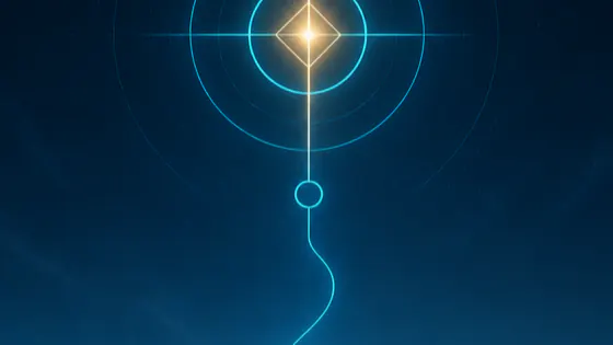 A glowing gold diamond inside cyan rings, with a single line descending from it into the dark.