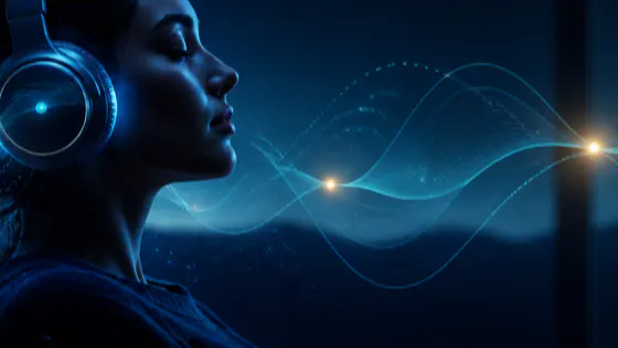 Headphones resting in low blue light, with a faint waveform crossing behind them.